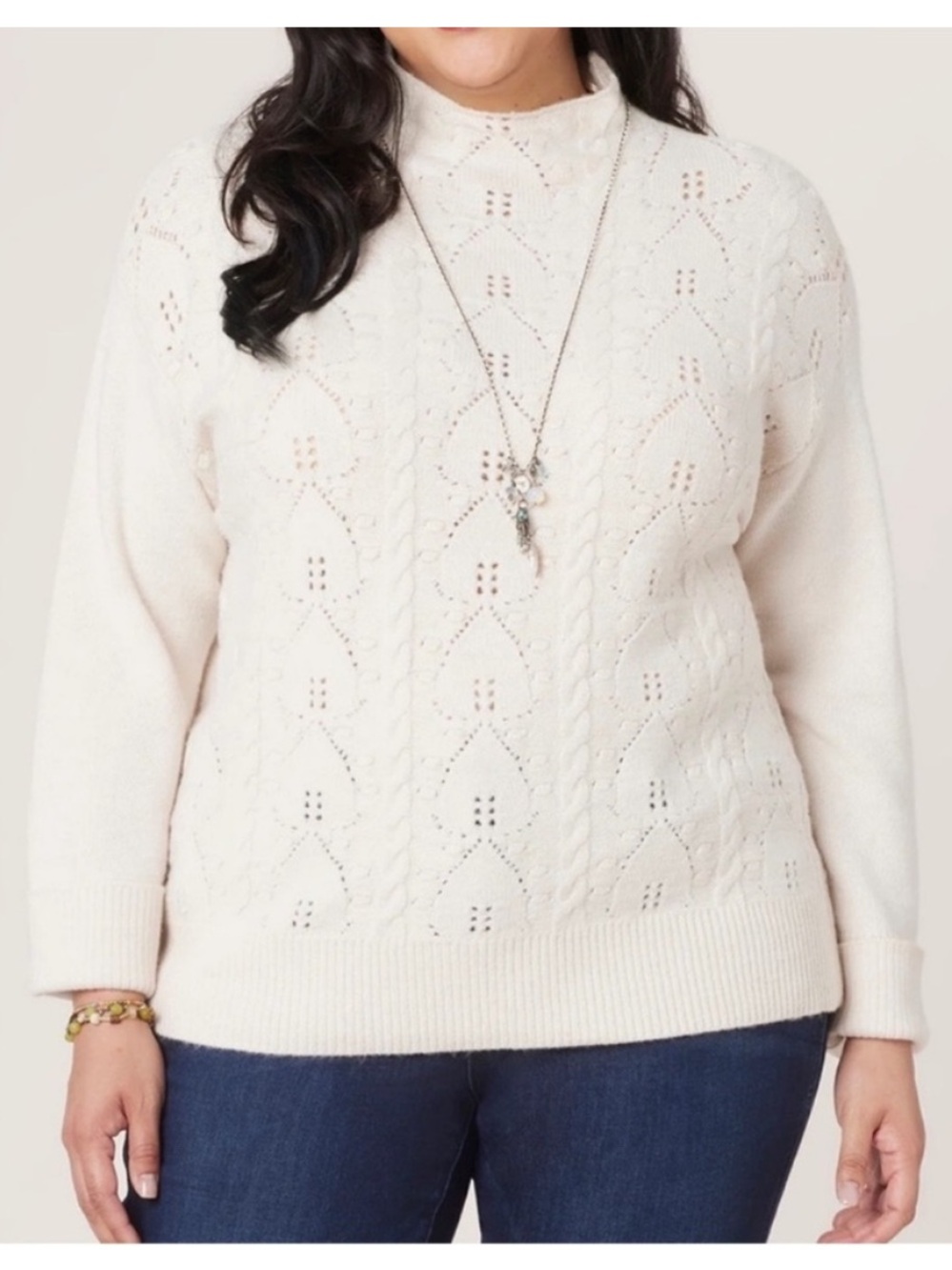 Democracy 3X Sweater Long Roll Sleeve Funnel Neck Popcorn Stitch Front NWT